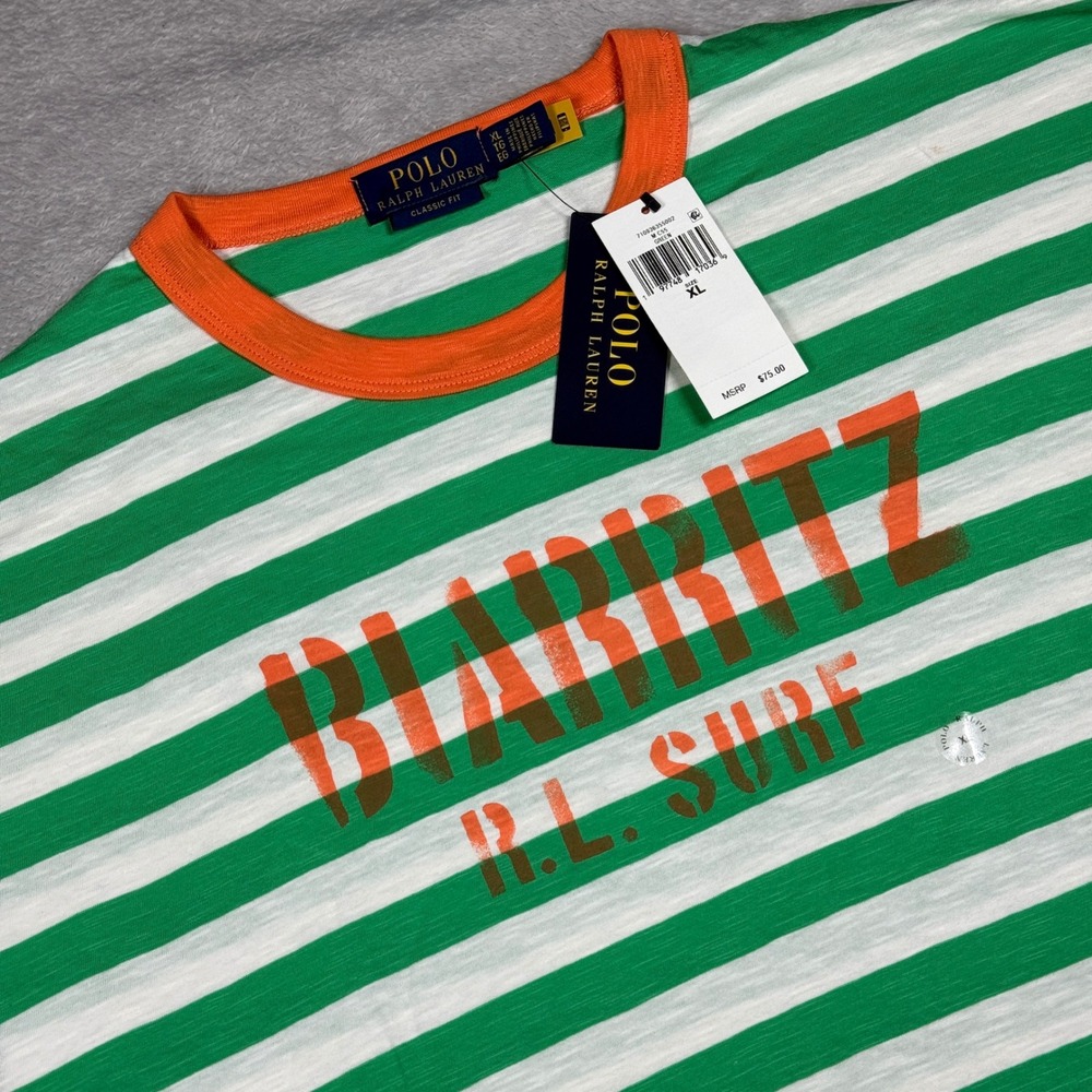 Polo Ralph Lauren T-Shirt Mens XL Green Biarritz Surf Striped Ringer Tee NEW